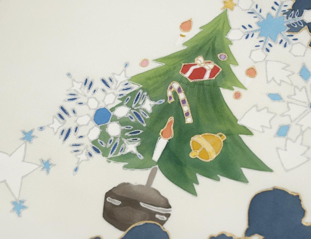 未仕立 塩瀬生地 染九寸名古屋帯 クリスマス柄① 手縫仕立代