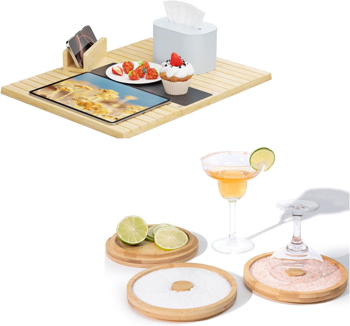 5.7" Bamboo Margarita Salt Rimmer Set & Magnetic Couch Arm Tray with 360° Phone Holder