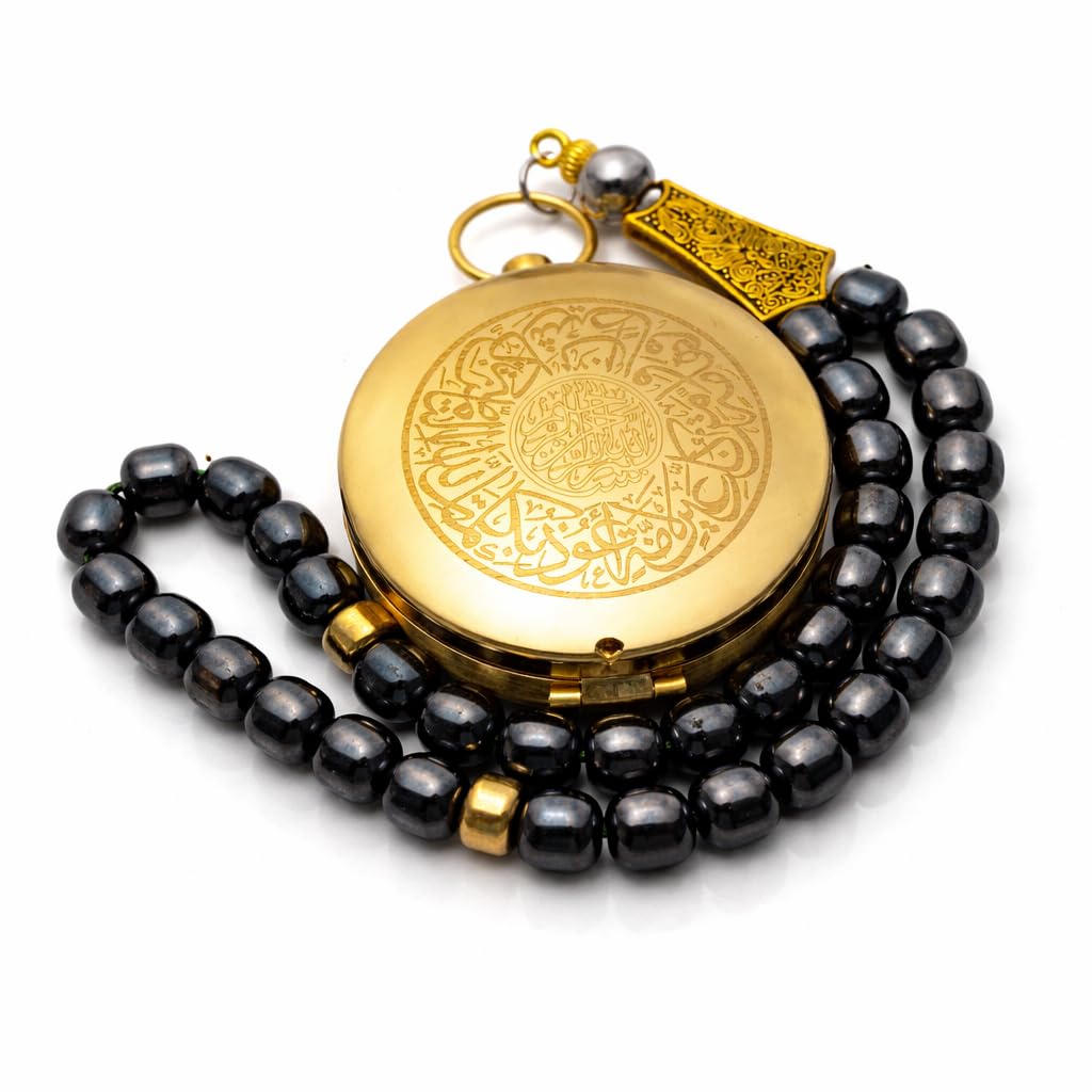 Tasbih mit 33 Perlen aus Hämatit | Gebetskette mit Leuchtkompass Anhänger | Elegante Geschenkbox | Geschenk für Männer