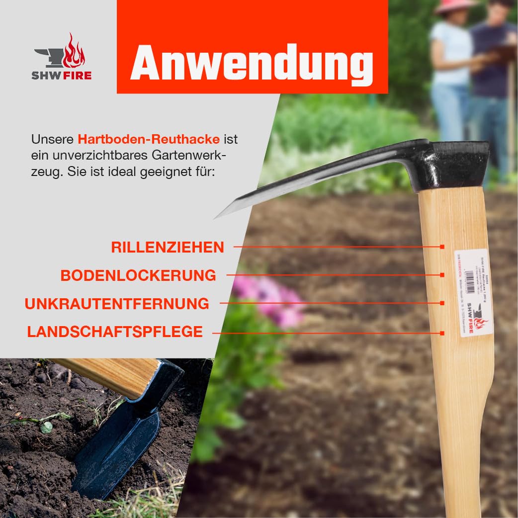SHW-Fire | Hartboden-Reuthacke mit scharfer Hacke - 135 cm Eschenholzstiel, Wurzelentferner & Unkrauthacke für Gartenarbeit - Gartenhacke & Bodenhacke aus Spezialstahl | Made in Germany