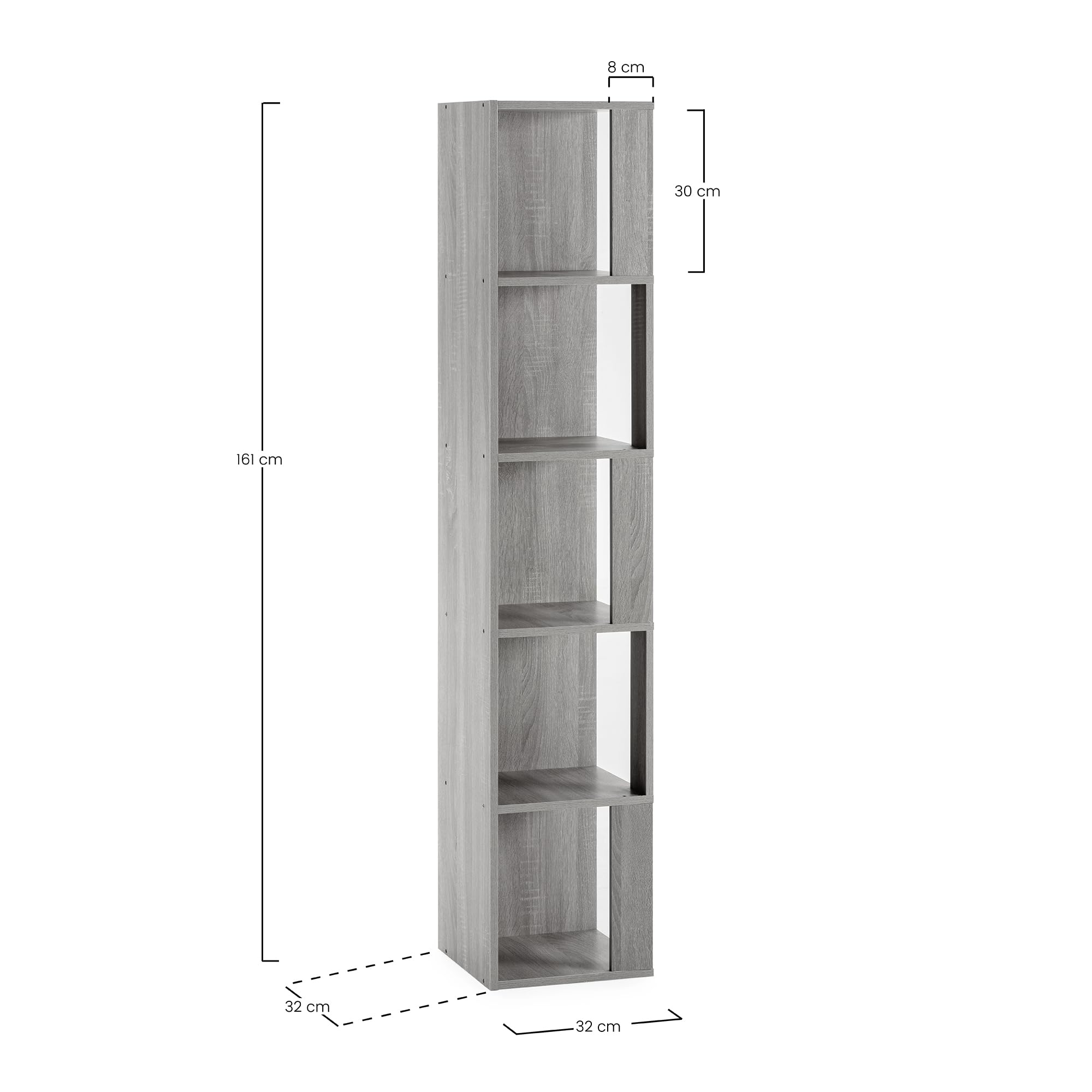 HOMN LIVING Estantería de rincón Fiyi 5 Huecos Color Roble, para Salón, Comedor o Despacho, 32 cm (Ancho) 32 cm (Profundo) 161 cm (Altura)