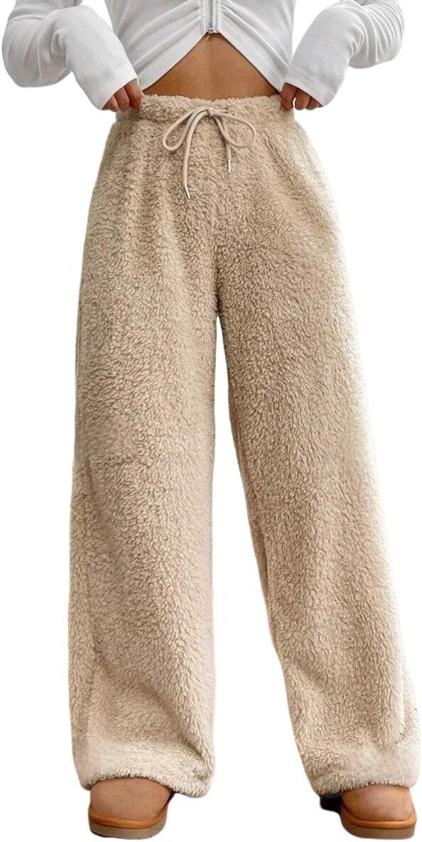 ZAFUL Women's Fuzzy Plush Pajama Pants Drawstring Elastic Waist Wide Leg Teddy Pj Bottoms Lounge Pants
