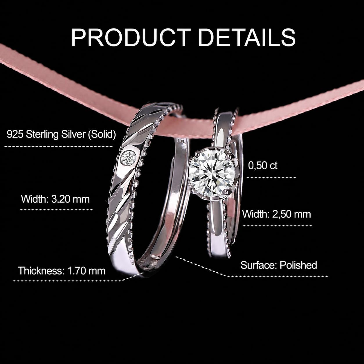 Meissa Alianzas de Plata para Pareja Anillos de Compromiso Ajustables para Hombres y Mujeres Plata de Ley 925 con Circonita 0,5ct Juego Nupcial Regalo San Valentín Boda (Juego de dos anillos)