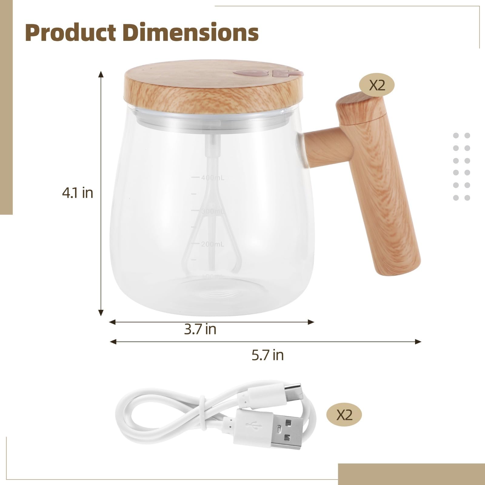 LUMINFLY 2 Pcs Self-Mixing Glass Mugs, 400 Ml Rotating Blender, USB Rechargeable with Lid & Handle, Ideal for Coffee, Milk, and Juice