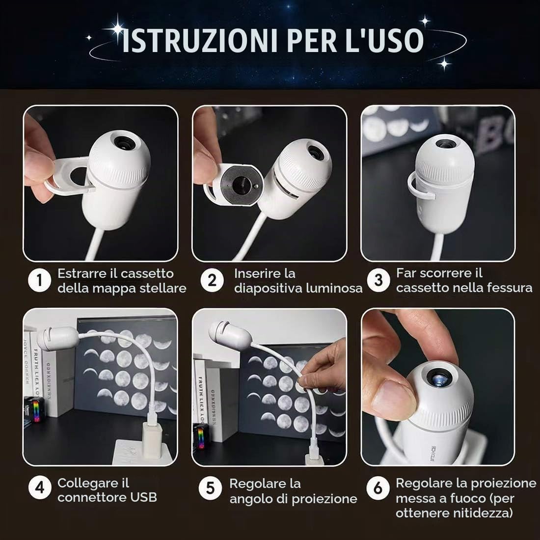 Proiettore galassia 2 in 1 con luce notturna, con 3/6/12 pellicole scorrevoli, per luce portatile USB con cielo stellato, rotazione a 360°, con luminosità dimmerabile per camera da letto. (12pcs)