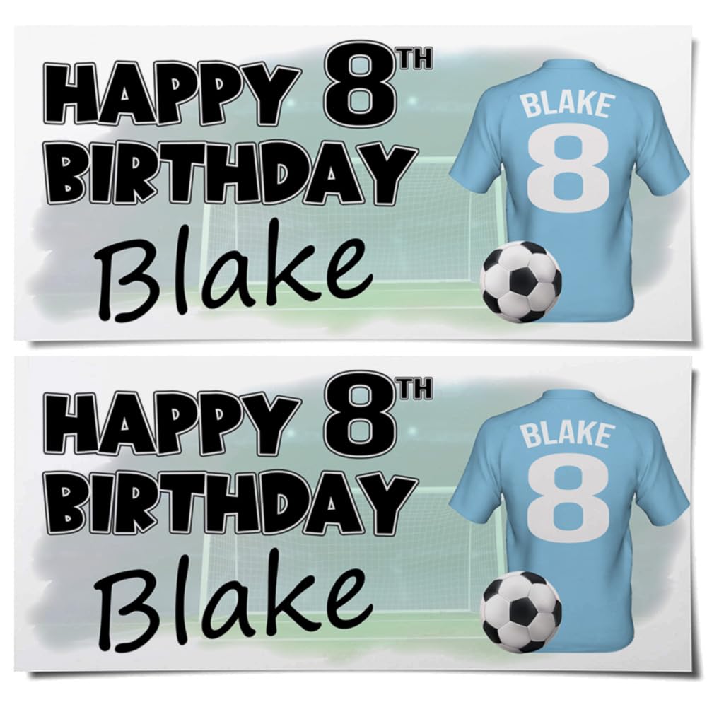 Personalised Football Birthday Banners – Sky Blue Colour Shirts with Any Name & Age/Number – Boys & Girls Party Decoration – Custom Birthday Supplies (Pack of 2)