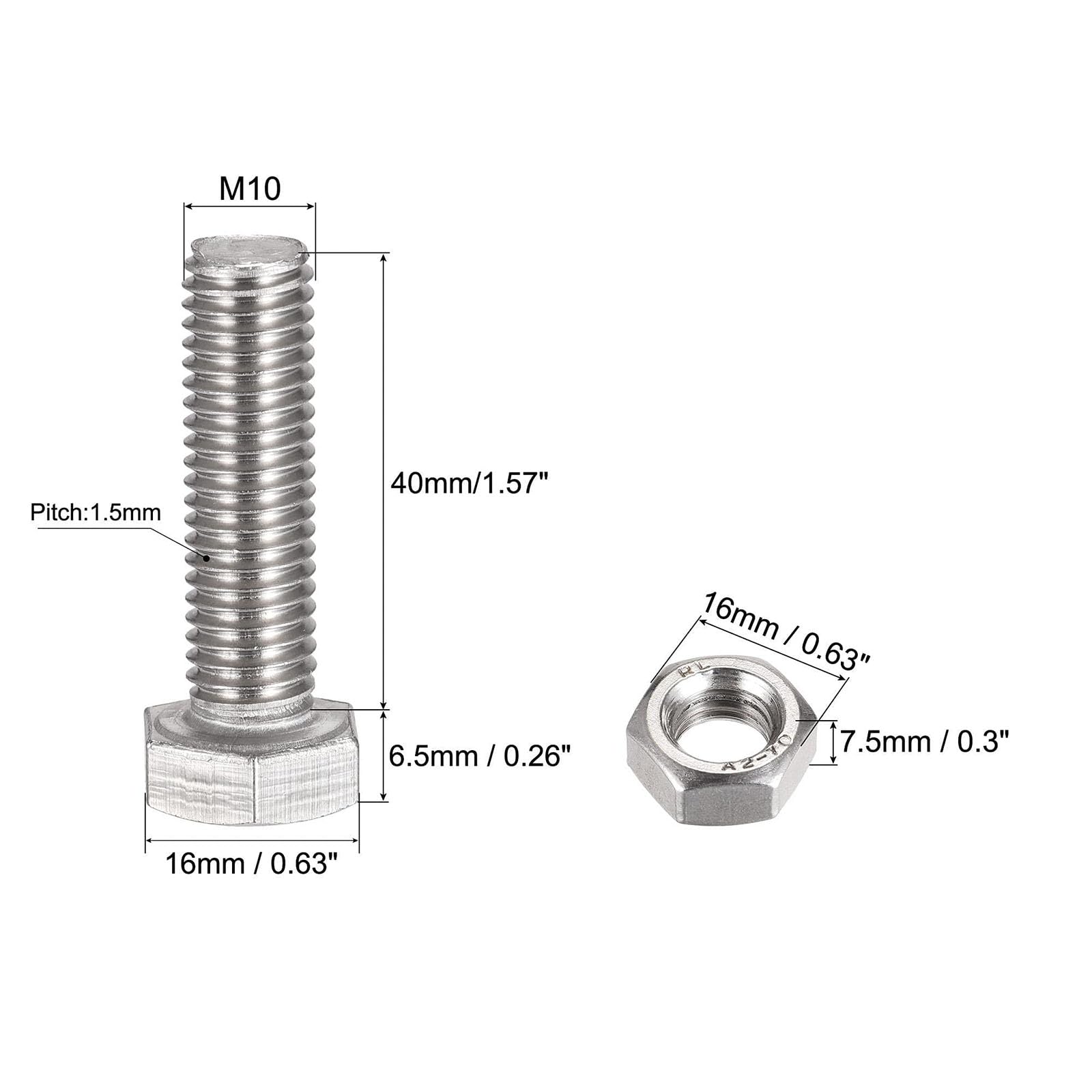 TOP-VIGOR 4Pcs M10 x 40mm Hex Head Screws Bolts, Nuts, Flat & Lock Washers Kits - Image 2