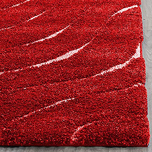 Image of Textured Wave Round Shaggy Carpet for Living Room, Bedroom, High Low Design Finish Microfiber 1.8 Inch Pile High, 5x5 Feet Red Ivory Color