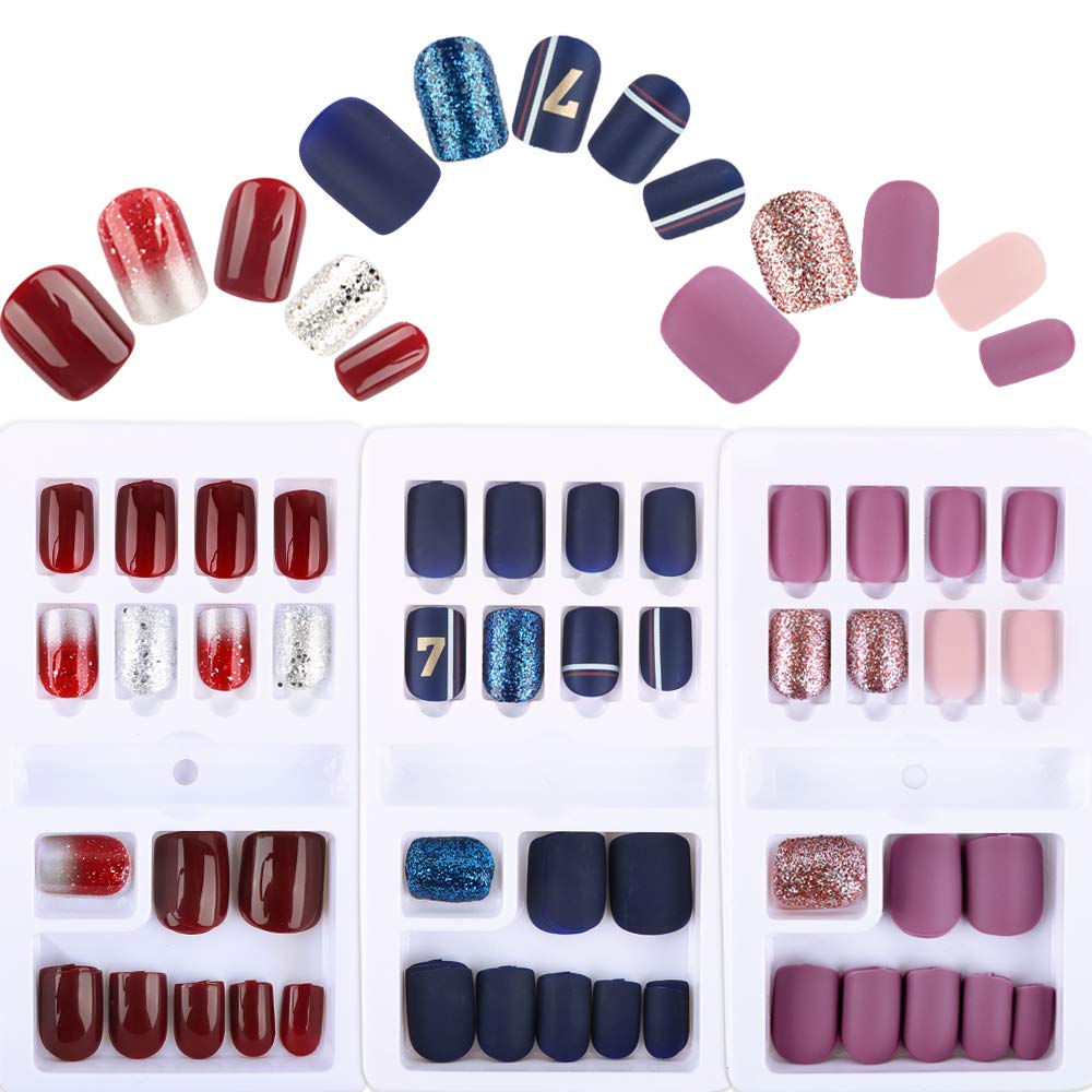 FLOFIA 90pcs Uñas Postizas Colores con Pegamento 12 Tamaños Cubierta Completa Puntas Uñas Falsas Cuadradas Acrílicas Kit Limas de Uñas Palo de Naranja Accesorios y Preparación de Uñas, 3 Cajas
