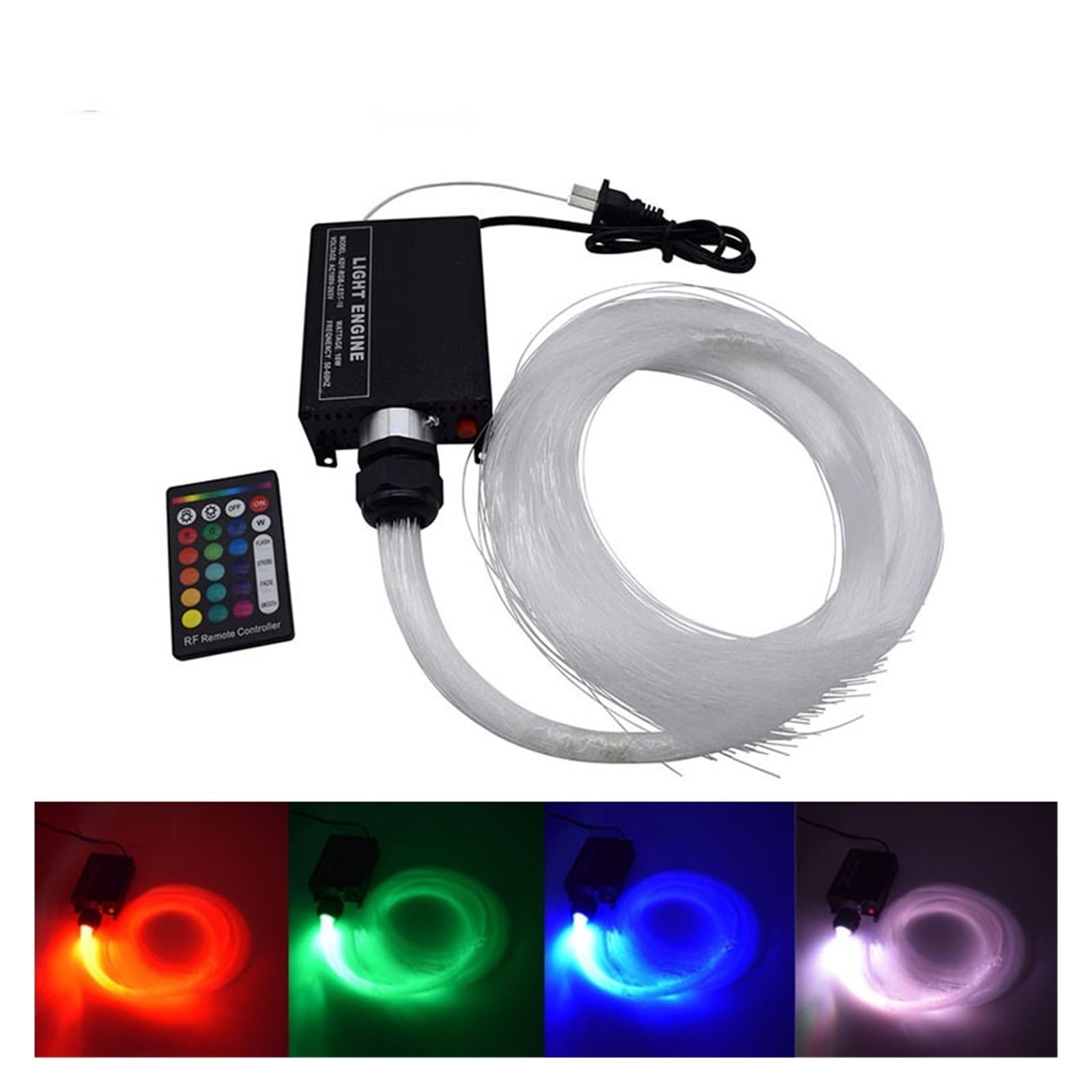 16W RGB LED Light Engine 24key Luz de fibra óptica remota con cable PMMA for decoración techo,Durable(300PCS X 0.5mm X 4m)