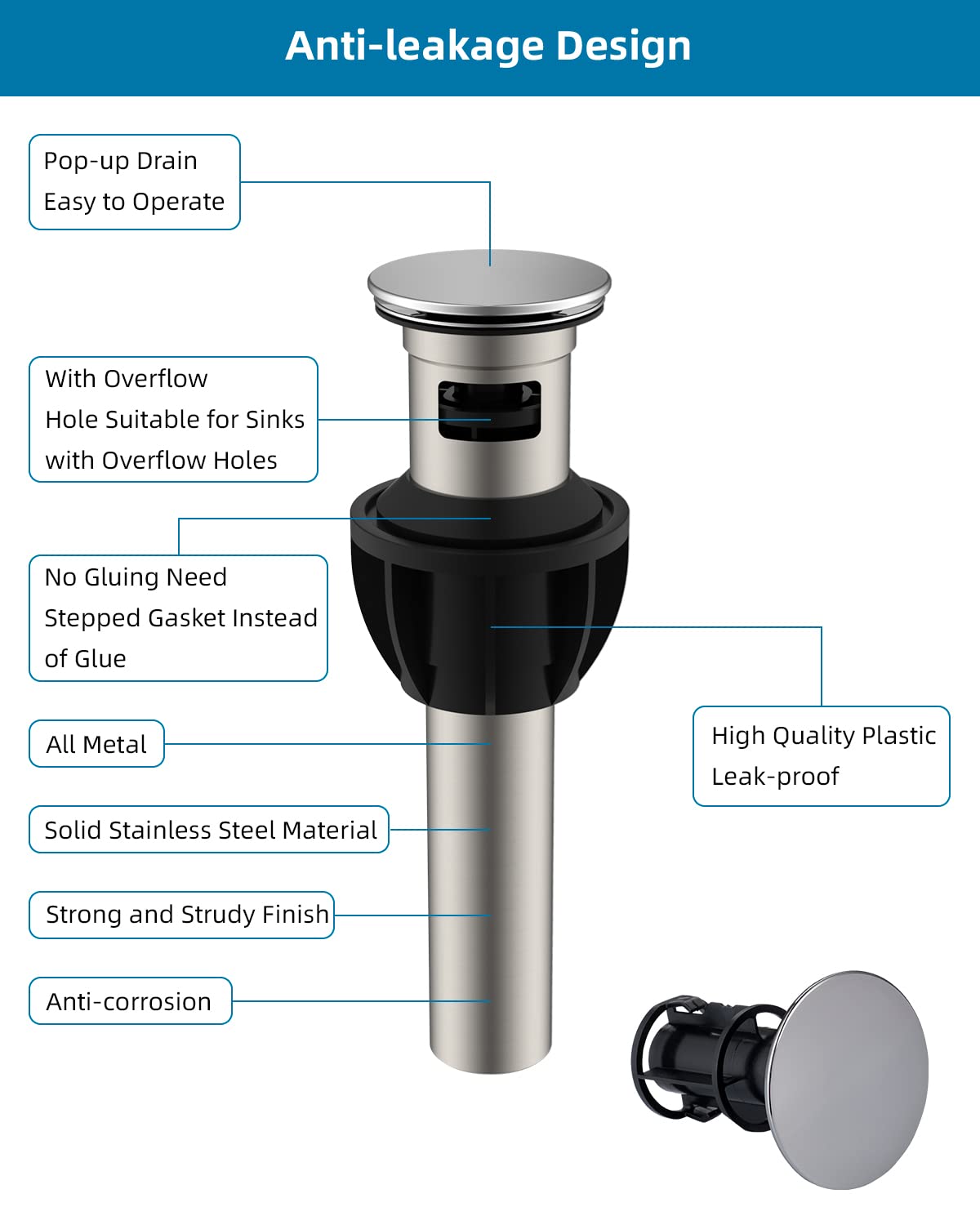 Hibbent 2 Stück Metall Badezimmer Waschbecken Abfluss mit Überlauf, Pop Up Abfluss mit abnehmbarem Stopper, Anti-Verstopfungs-Ablaufsieb, Chrom