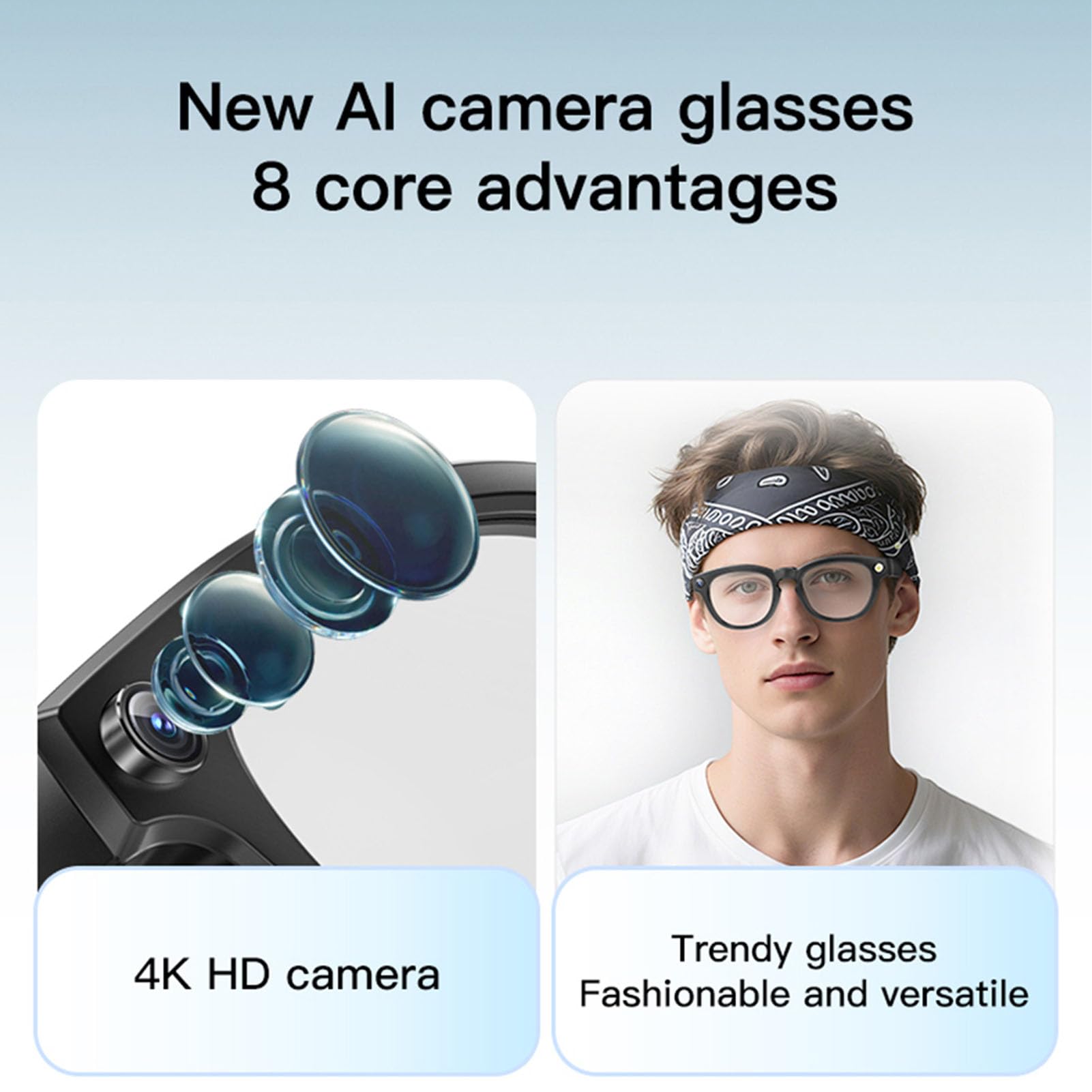 RIZGHWOY Occhiali Intelligenti con Traduzione AI, Fotocamera e Altoparlanti Auricolari Aperti
