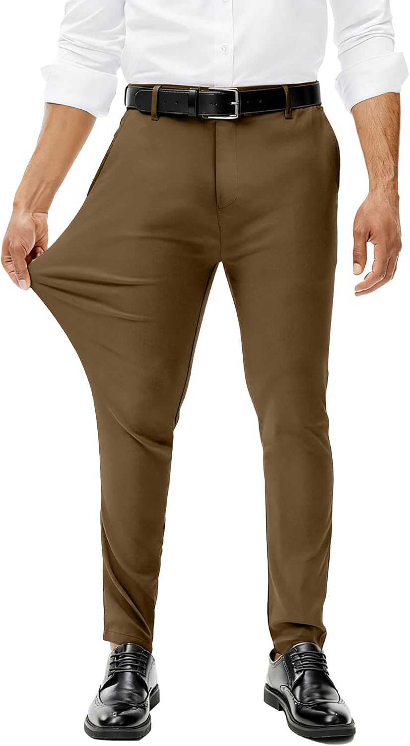 Comdecevis Mens Stretch Dress Pants Slim Fit Skinny Wrinkle Free Expandable Waist Golf Pant Tapered Chinos