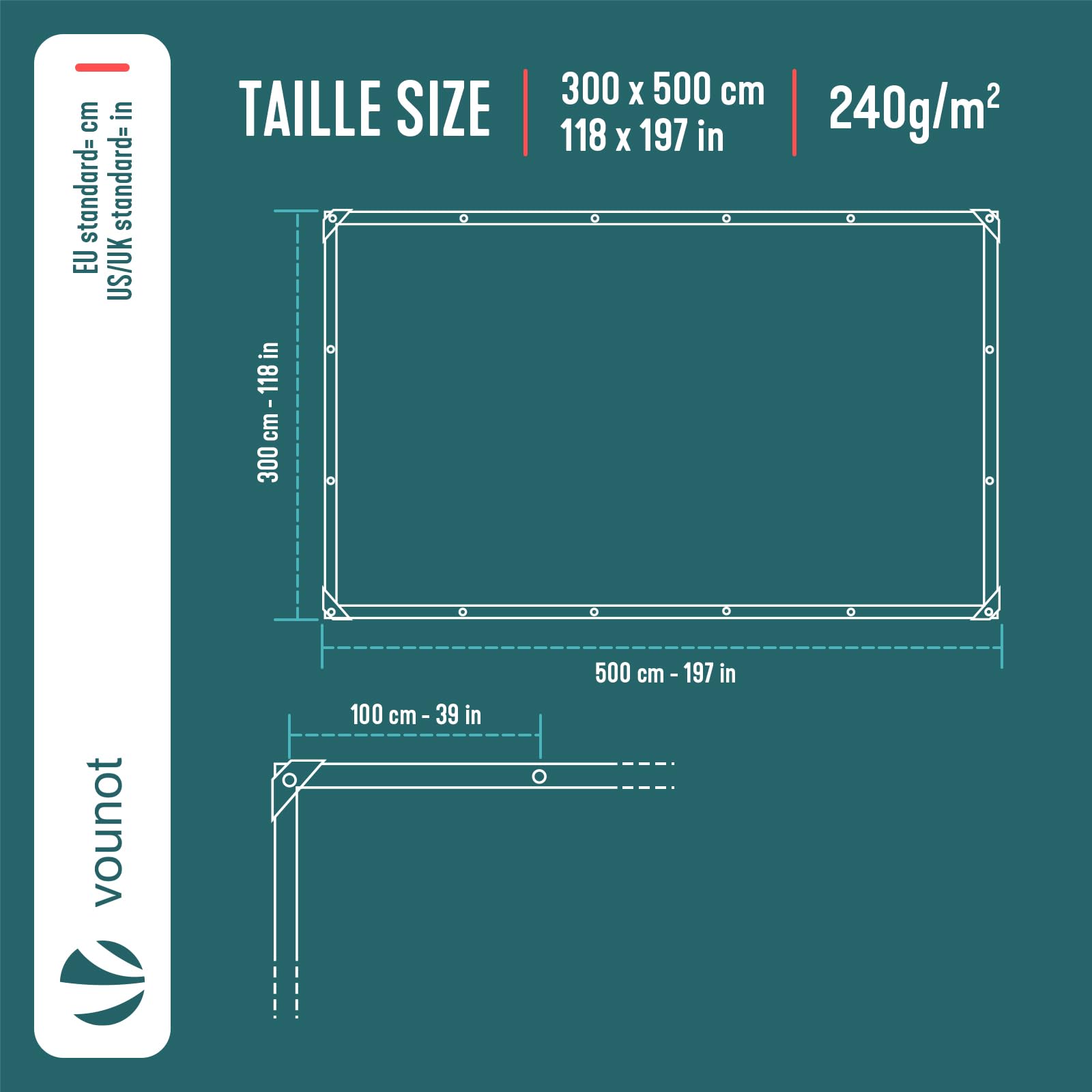 VOUNOT® Lona Impermeable Exterior 3x5m, Toldo Reforzado PE 240 g/m² Protección contra UV, con Ojales de Acero Inoxidable para Leña, Muebles, Jardín, Piscinia, Vehículos, Gris-Negro