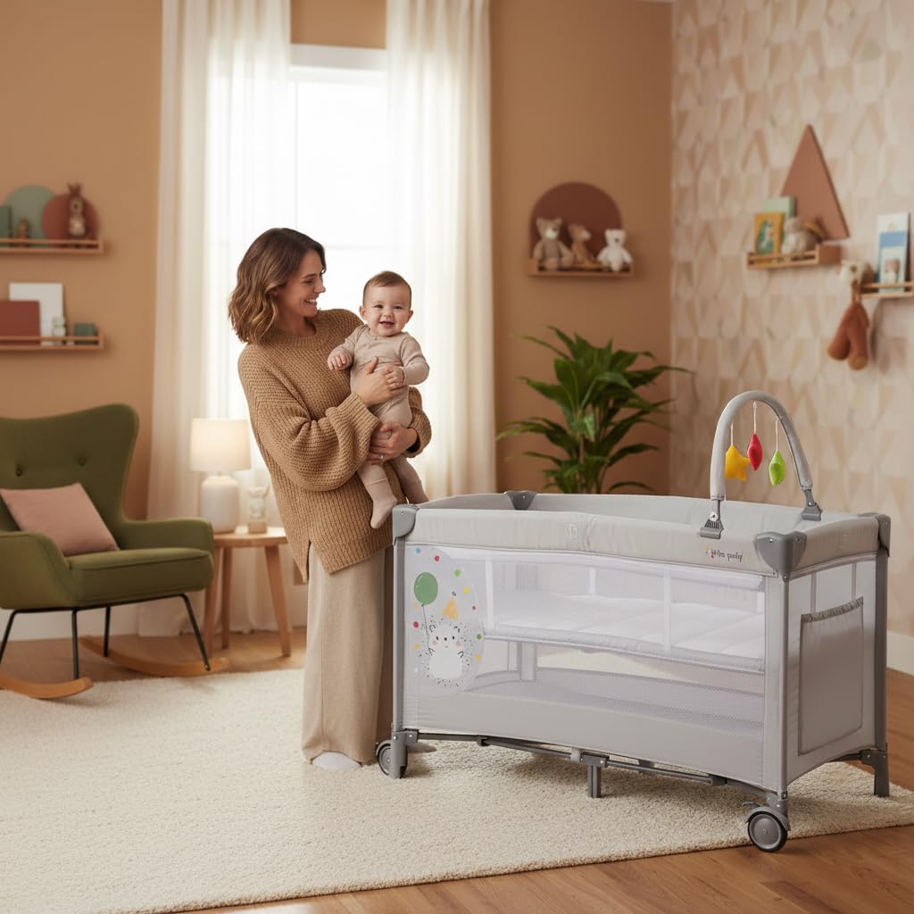 Asalvo Lit de voyage complet duo | Double hauteur et sécurité | Avec arc d'activité et sac de transport | De la naissance jusqu'à 15 kg | Pliable compact et base rembourrée