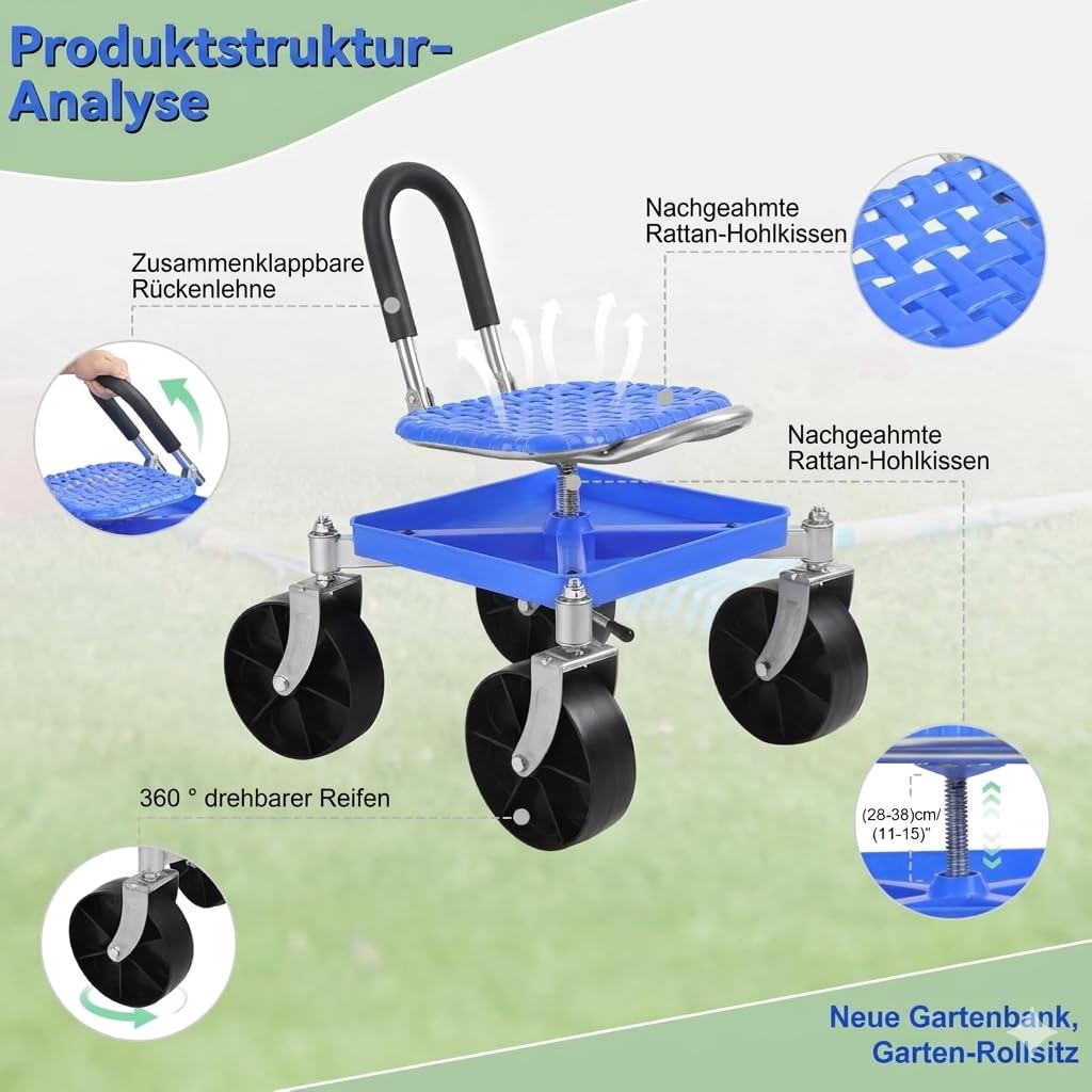 Gartensitz mit Rollen Garten Rollsitz – 360° Schwenkfunktion & Höhenverstellung, Werkzeugablage für Gärtner Senioren bei Gartenarbeit (Lenkrolle)