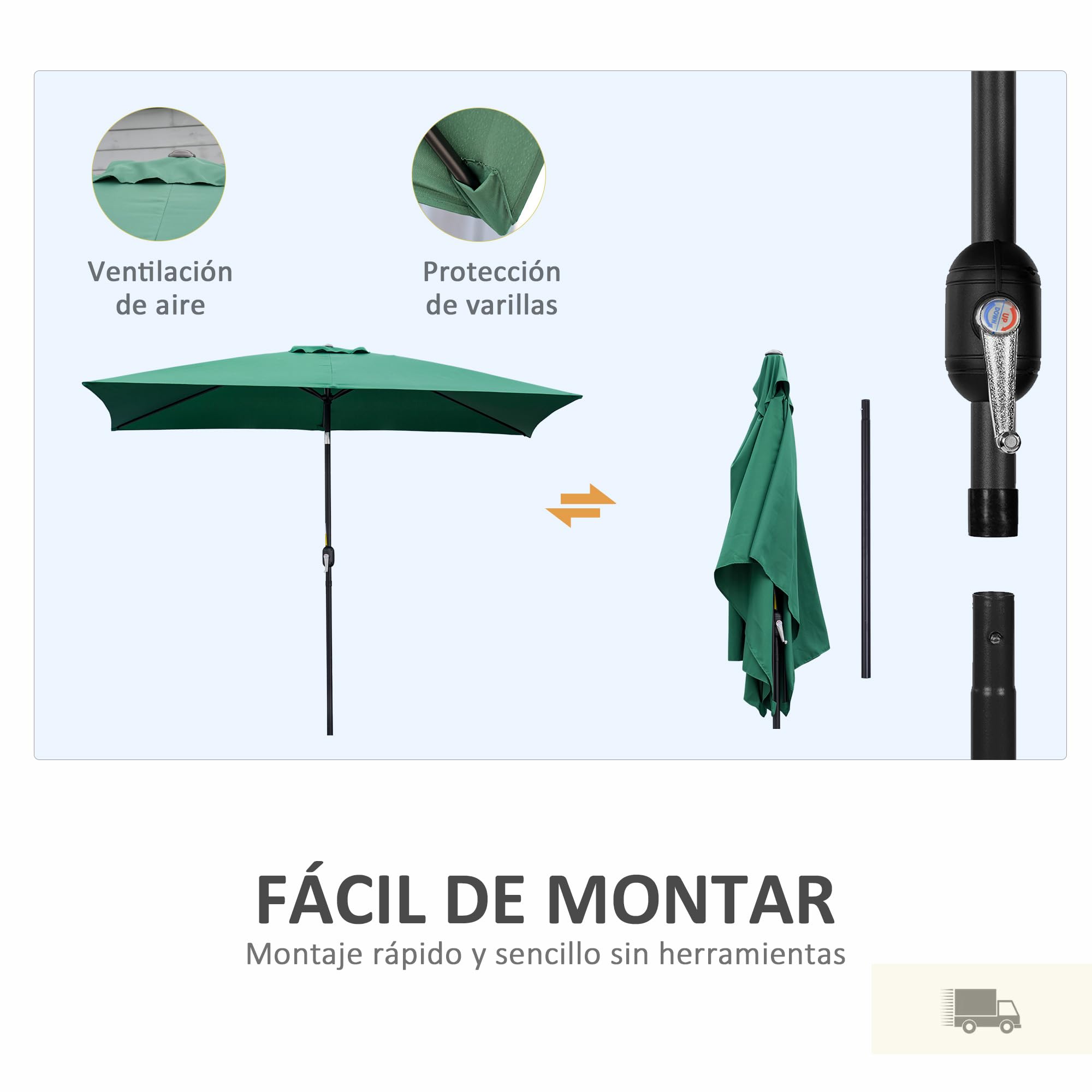 Outsunny Sombrilla de Aluminio 2x3x2,5 m Inclinable con Manivela Verde | Parasol Rectangular de Jardín, Mástil Anti-UV Desmontable, para Terraza Patio Piscina Exterior