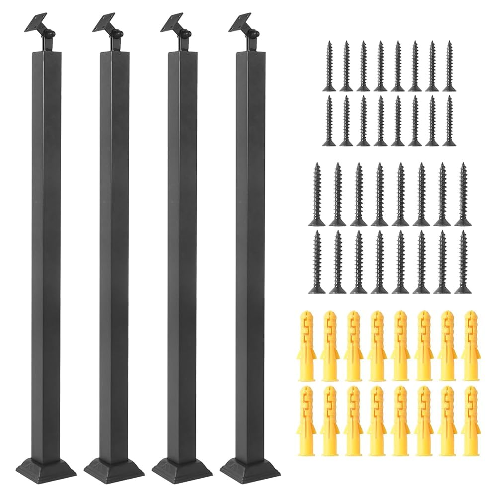 Lqsybhd Black Stair Baluster Post 4 Pack, Square Stair Railing Kits Indoor Outdoor, Metal Stair Post With 270° Adjustable Railing Spindles And Base And Screws For Stair, Porch, Deck(Size:3.28ft/100Cm)