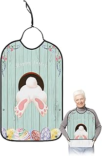 BOBOWUNY Spring Easter Adult Bibs for Elder Women Men Eating, Bunny Colorful Eggs Vintage Wood Waterproof & Washable Bibs for Eating Clothing Protector Dining Bibs for Crumb Catcher