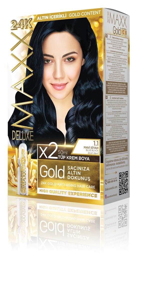 MAXX DELUXE Gold serisi 24K Altın Parçacıklı Serum ile 1 Kutu 2 x 50 ml ve Geliştiriciler Saç Boyası (MAVİ SİYAH 1.1)