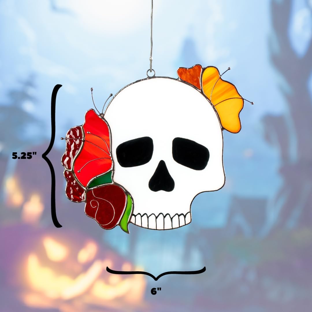 Skull Stained Glass Window Hanging Suncatcher for Windows Panels Halloween Ornament Decoration Stained Glass Halloween Suncatchers Gothic Decor (Skull)