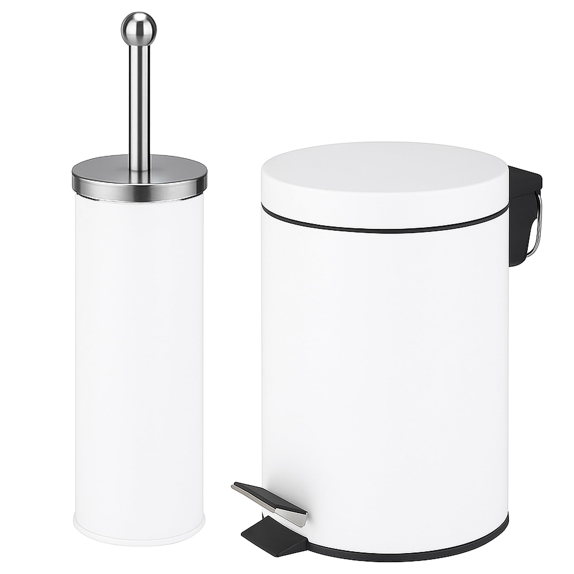 – iTrend 3L Pedal Dustbin and Toilet Brush with Holder set - Bathroom Accessory - Powder Coated Steel Bin with lid - Toilet Brush with Stainless Steel Handle, Round Lid and Dense Bristles - White