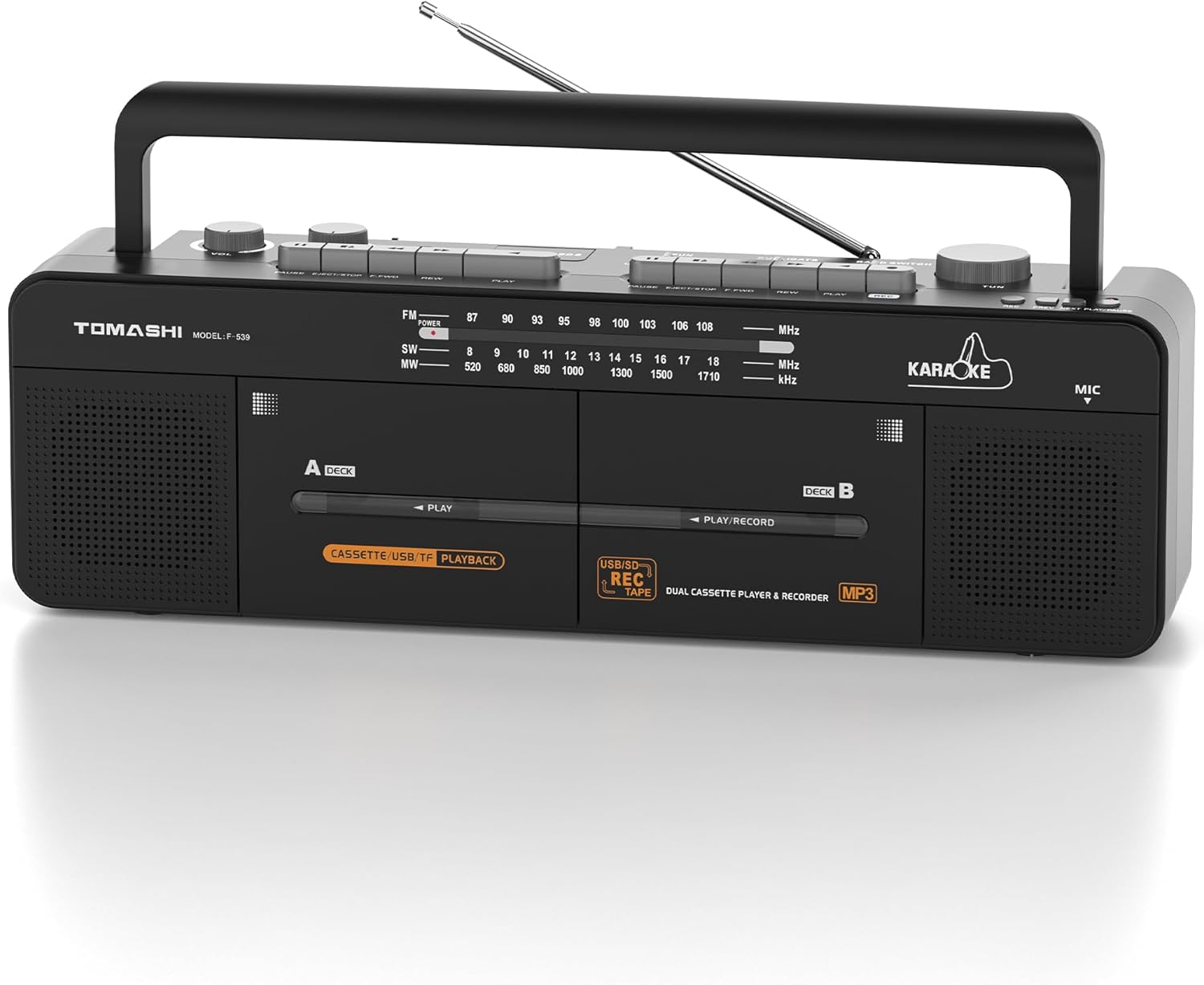 Cassette Tape Player with Stereo Sound, Dual Tape Decks, 3-Band Radio, USB/TF Card Playback, and Tape-to-USB/TF Card Recording Function