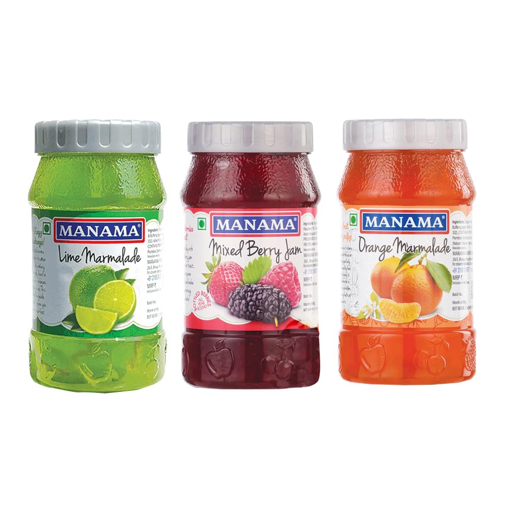 Manama Lime Marmalade, Mixed Berry Fruit Jam and Orange Marmalade, 500GMS Each, Pack of 3
