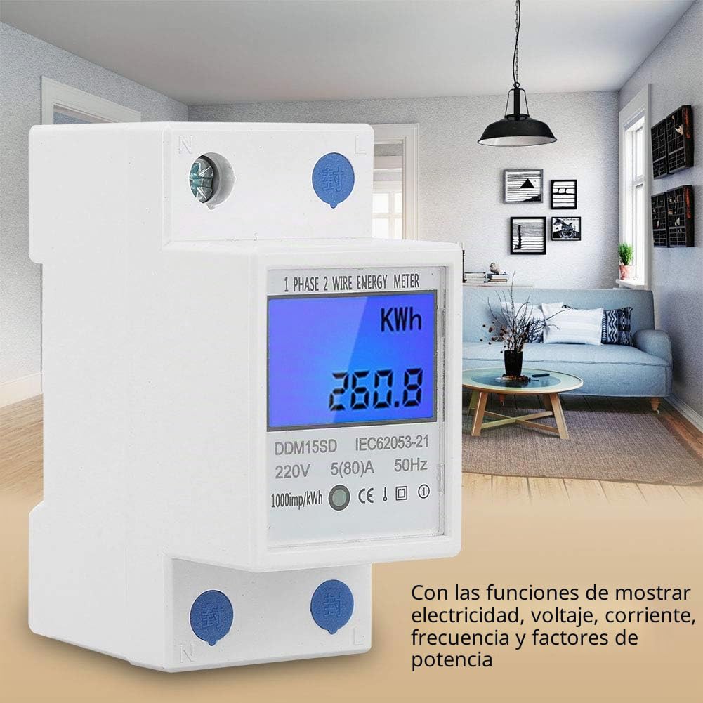 Contador de Energía Digital, 5-80A DDM15SD LCD Luz de Fondo Pantalla Digital Medidor de KWh de Energía Electrónica Monofásico