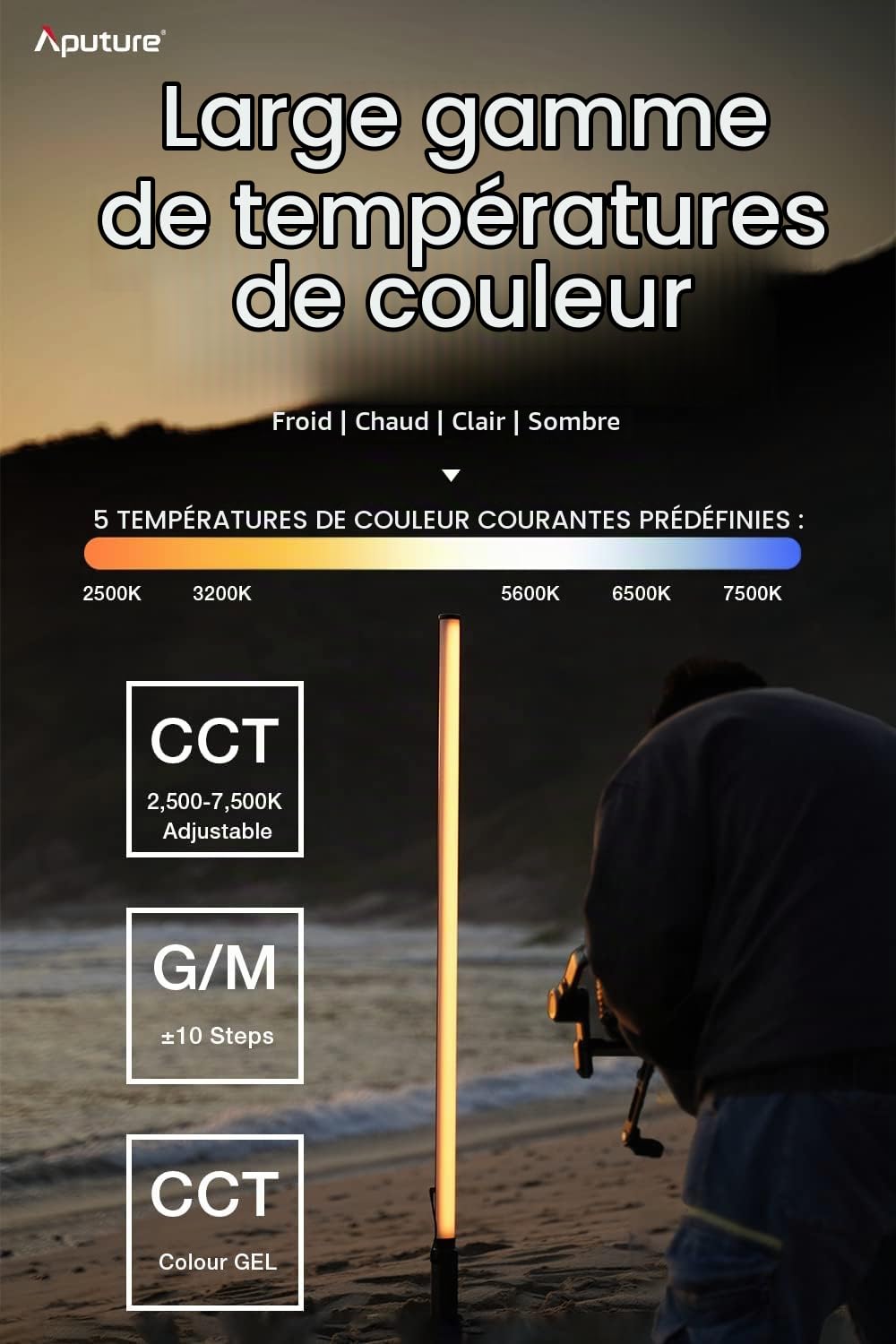 Aputure amaran T2c 20W Sortie RGBWW LED Tube Lumineux à Main, Bâton Lumineux Vidéo à LED RGB, Tube Lumineux pour la Photographie Bâton Lumineux, Contrôle APP & Contrôle DMX (60cm)
