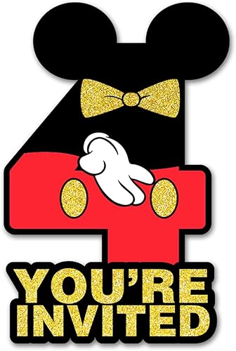 brayqu Mouse Boy - Invitaciones para fiesta de cumpleaños número 4, ratón con purpurina negra y roja, invitaciones en forma de cumpleaños para niños