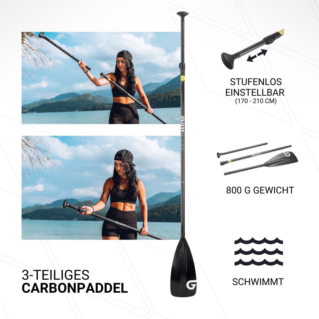 GLORY BOARDS ® Stand up Paddling Board aufblasbar – bis 180kg Tragkraft – komplettes SUP Set inkl. Carbonpaddel, Pumpe, Rucksack – Kajak Option – leichtes Stand up Paddle Board
