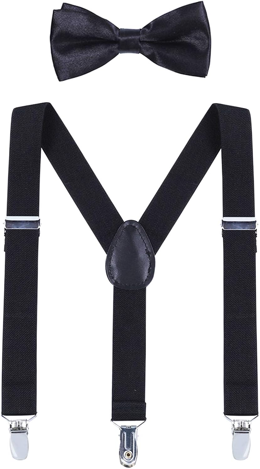 AWAYTR Men’s Suspender Bow Tie Sets - Elastic Y Shape Suspender Solid Strong Straight Clips for Adults Pants
