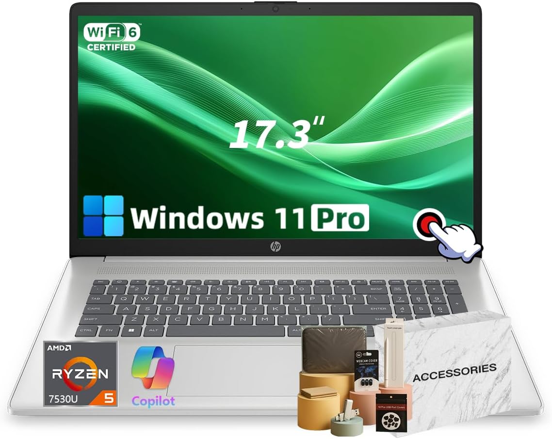 HP 17 Touchscreen Laptop, 17.3" HD+ Anti-Glare Display, AMD Ryzen 5 7530U, AMD Radeon Graphics, 64GBRAM, 2TB SSD, Numeric Keypad, w/Accessories Windows 11 Pro Computer for Business & Students