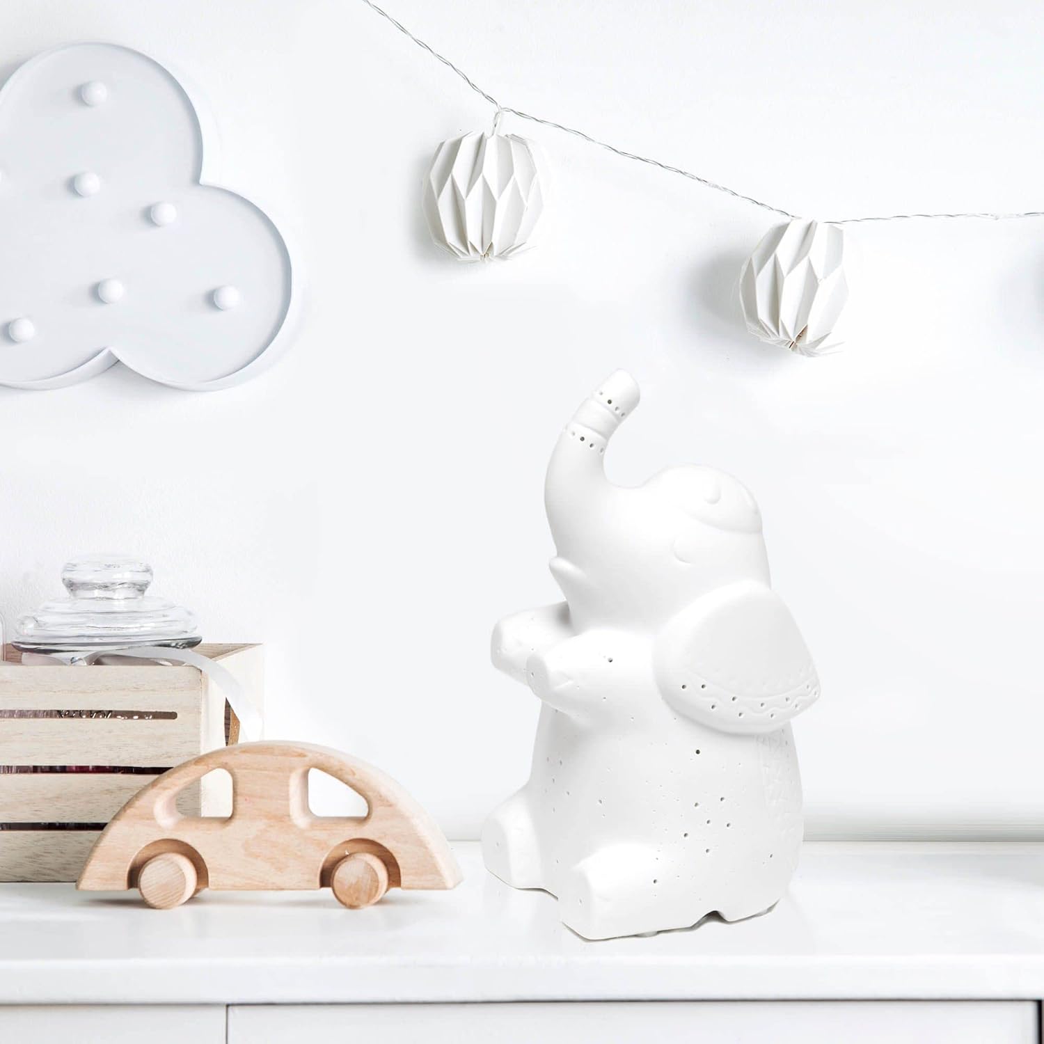 Simple Designs LT3337-WHT White Porcelain Fun Shaped Sitting Night Light Table Lamp, Elephant