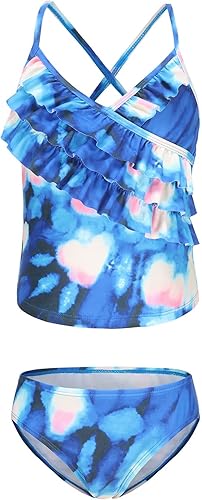 Traje de baño tankini de dos piezas para niñas, traje de baño hawaiano teñido anudado para niñas de 3 a 16 años