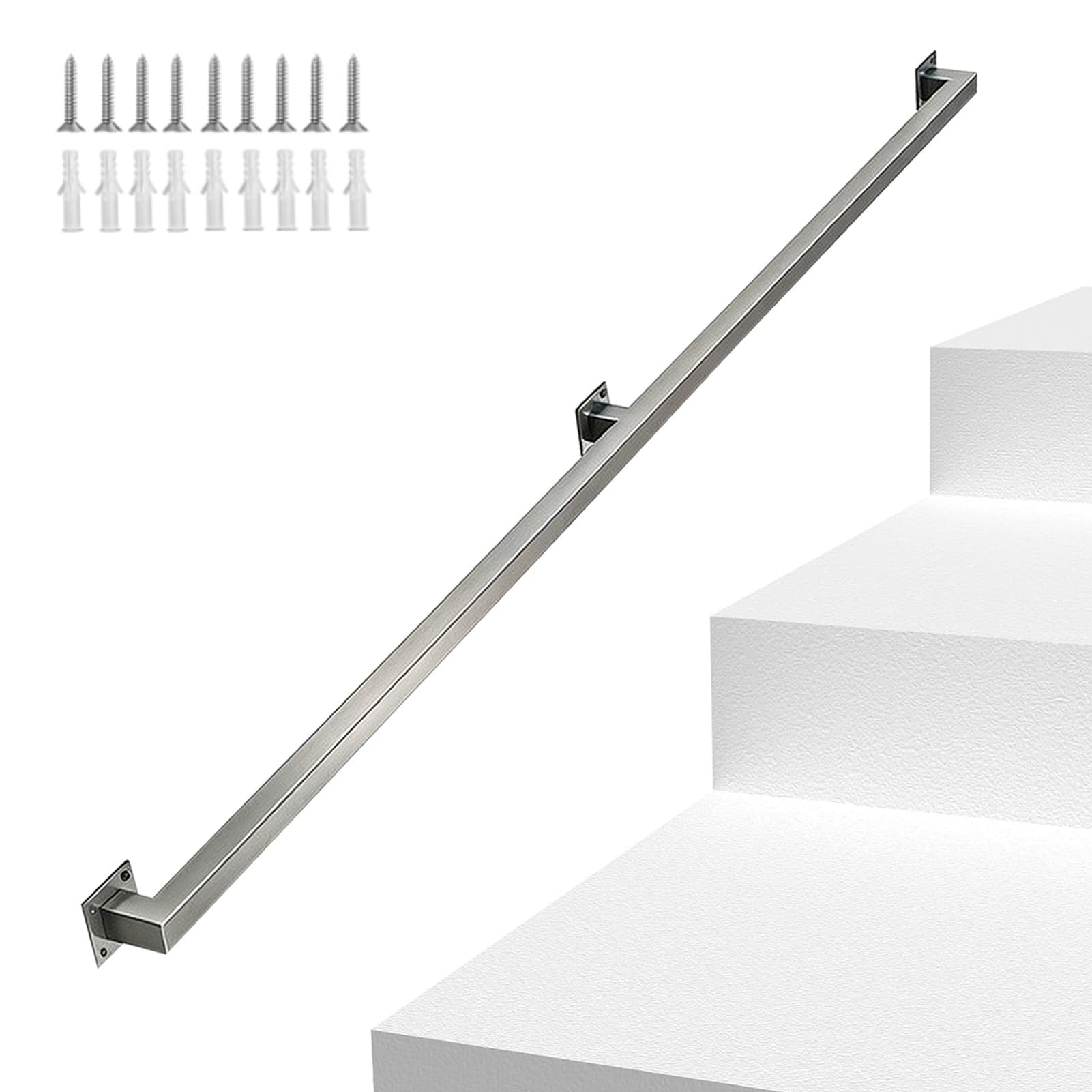 Varilla de soporte tubo cuadrado plateado barandilla de acero inoxidable | Pasamanos de Pared de Alta Resistencia, barandillas de Escalera Modernas Resistentes para sótano de Porche Loft(2.8m)