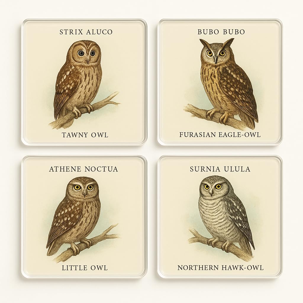 The Plum Penguin Whimsical Owls Acrylic Coaster Set Of 4 With Whimsical Owl Illustrations - Fun Pun Coasters Vintage Naturalist Art For Bird Enthusiasts & Home Decor