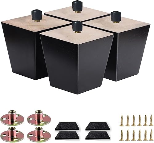 Patas de sofá cuadradas para cama, patas de repuesto de madera de 2 pulgadas para muebles, juego de 4, color negro (2 pulgadas, 4 juegos)