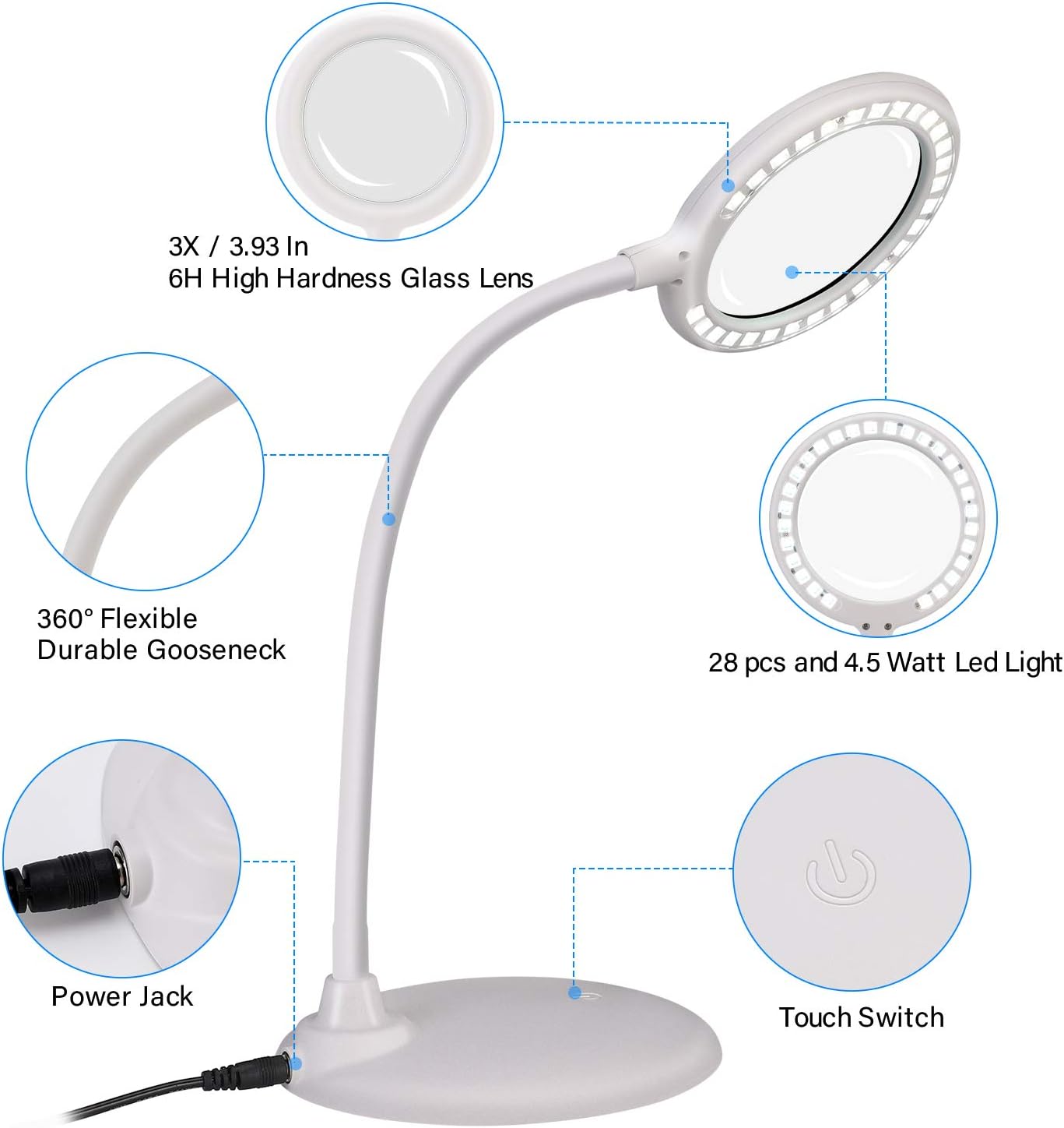 Delixike Dimmable Magnifying Lamp with 28 LED Lights,3X Hands Free Magnifying Glass with Light and Stand for Close Work Reading Hobbies Crafts Workbench