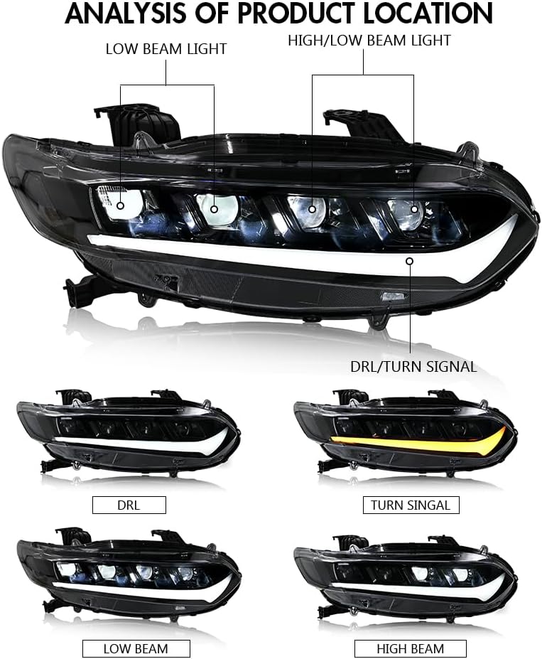 New Headlamp for 2018-2022 Honda Accord Sport LX EX EX-L Touring Hybrid Headlight Assembly 10th Gen Accessories Sequential Signals Animation Custom Front Replacement 1 Pair (White)