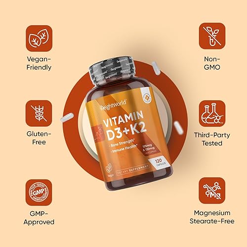 Miniatura 8 de WeightWorld Vitamina D3 K2 5000IU Cápsulas para fortaleza ósea y salud inmunológica  4 meses de suministro de suplementos de vitamina D3 y K2  120