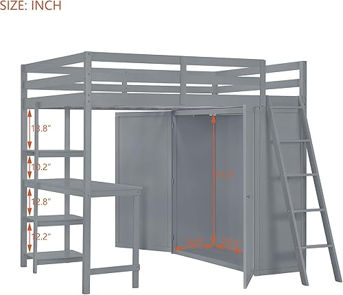 Miniatura 67 de Cama alta funcional tamaño individual con 2 cajones y 2 armarios, base de cama de madera maciza con barandilla de seguridad y escalera de