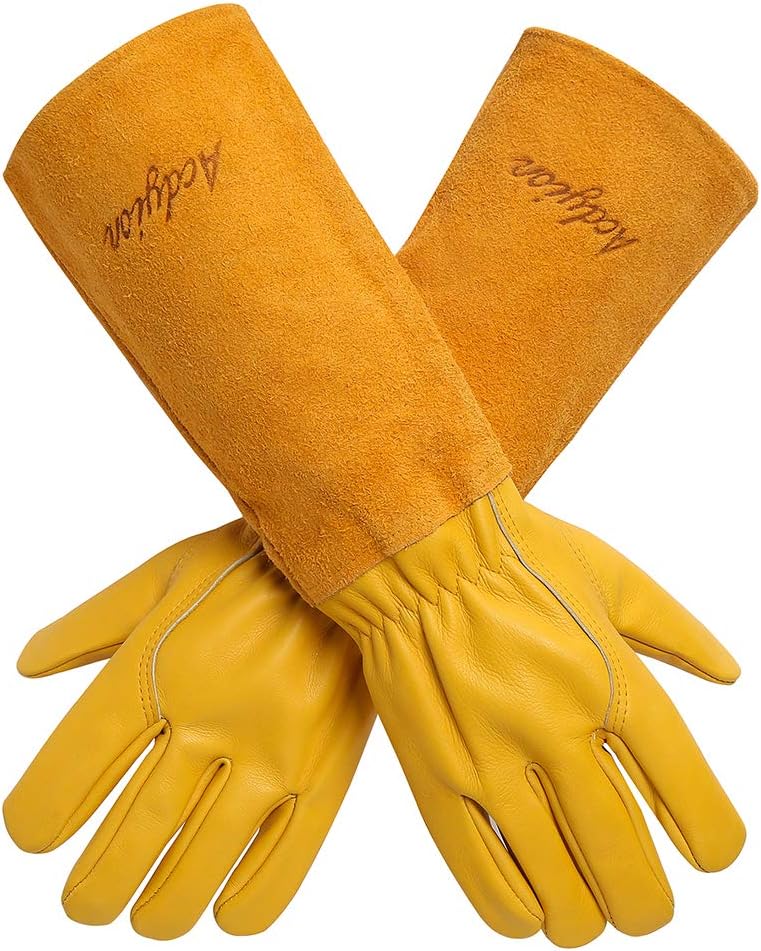Acdyion Gardening Gloves for Women/Men Thorn Cut Proof Rose Pruning Long Forearm Heavy Duty Protection Safety Garden Gloves Durable Cowhide Leather Thick Palm Gauntlet Work Garden Gloves Yellow XL