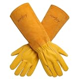 Acdyion Gardening Gloves for Women/Men Thorn Cut Proof Rose Pruning Long Forearm Heavy Duty Protection Safety Garden Gloves Durable Cowhide Leather Thick Palm Gauntlet Work Garden Gloves Yellow M
