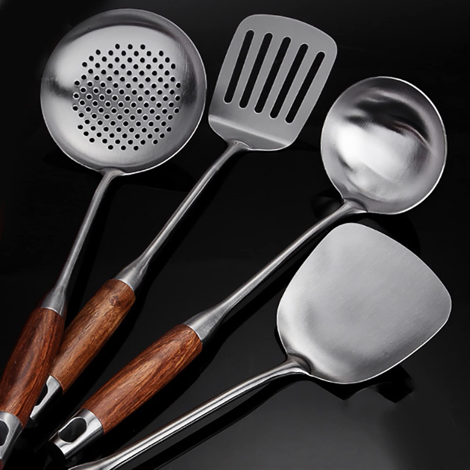 Ustensil de cuisine de cuisine sertie d'outils de cuisine avec support de cuisine en acier inoxydable (Color : Silver wood)