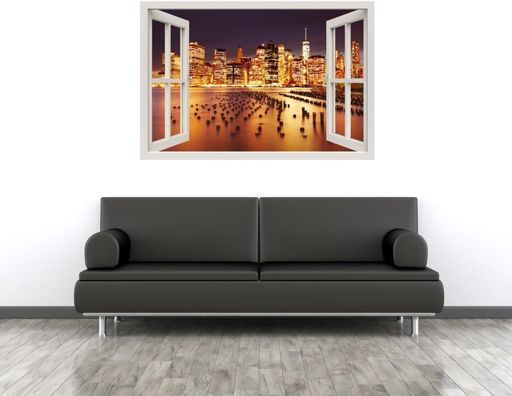 RoyalWallSkins Window Frame Mural New York City - Huge Size - Peel and Stick Fabric Illusion 3D Wall Decal Photo Sticker