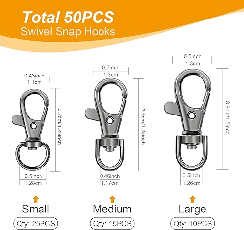 Miniatura 9 de 100 ganchos giratorios con llaveros, cierres de mosquetón giratorios de metal de alta calidad, varios tamaños (grande, mediano, pequeño) para