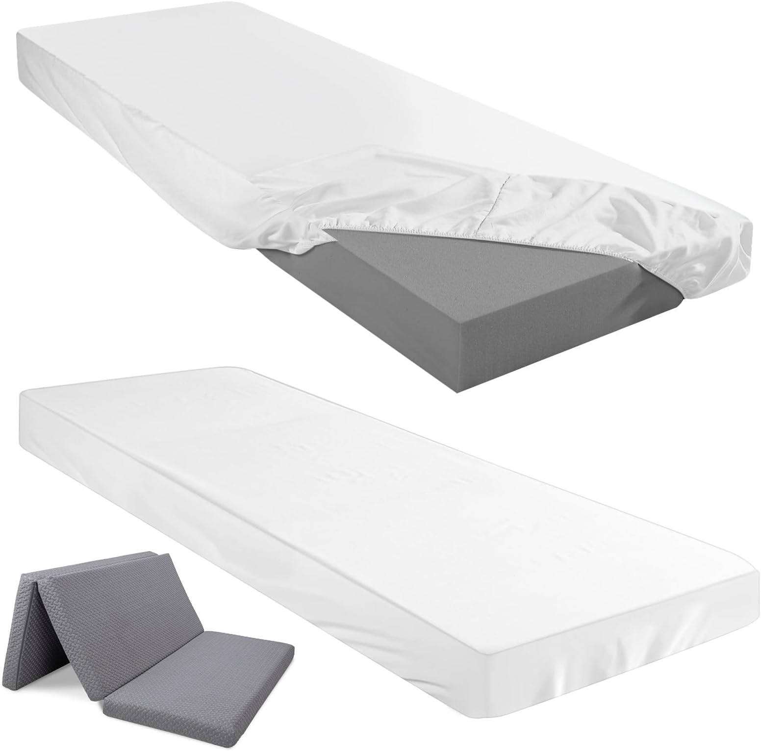 Fitted Sheet (Sheet Only) Compatible with Milliard Trifold Mattress Folding Mattress Fitted Microfiber Bedclothes for Camp Bunk Rvs Bed(White,2 Pcs,Single,4'')