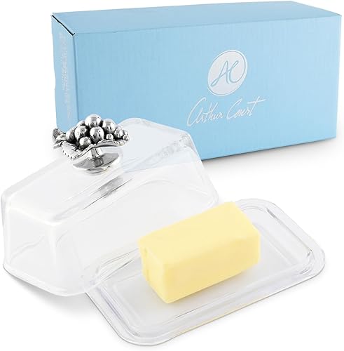 Arthur Court Mantequillera de cristal con tapa, perilla de uva de metal, diseño clásico de 2 piezas, tapa y sostiene un palo estándar de